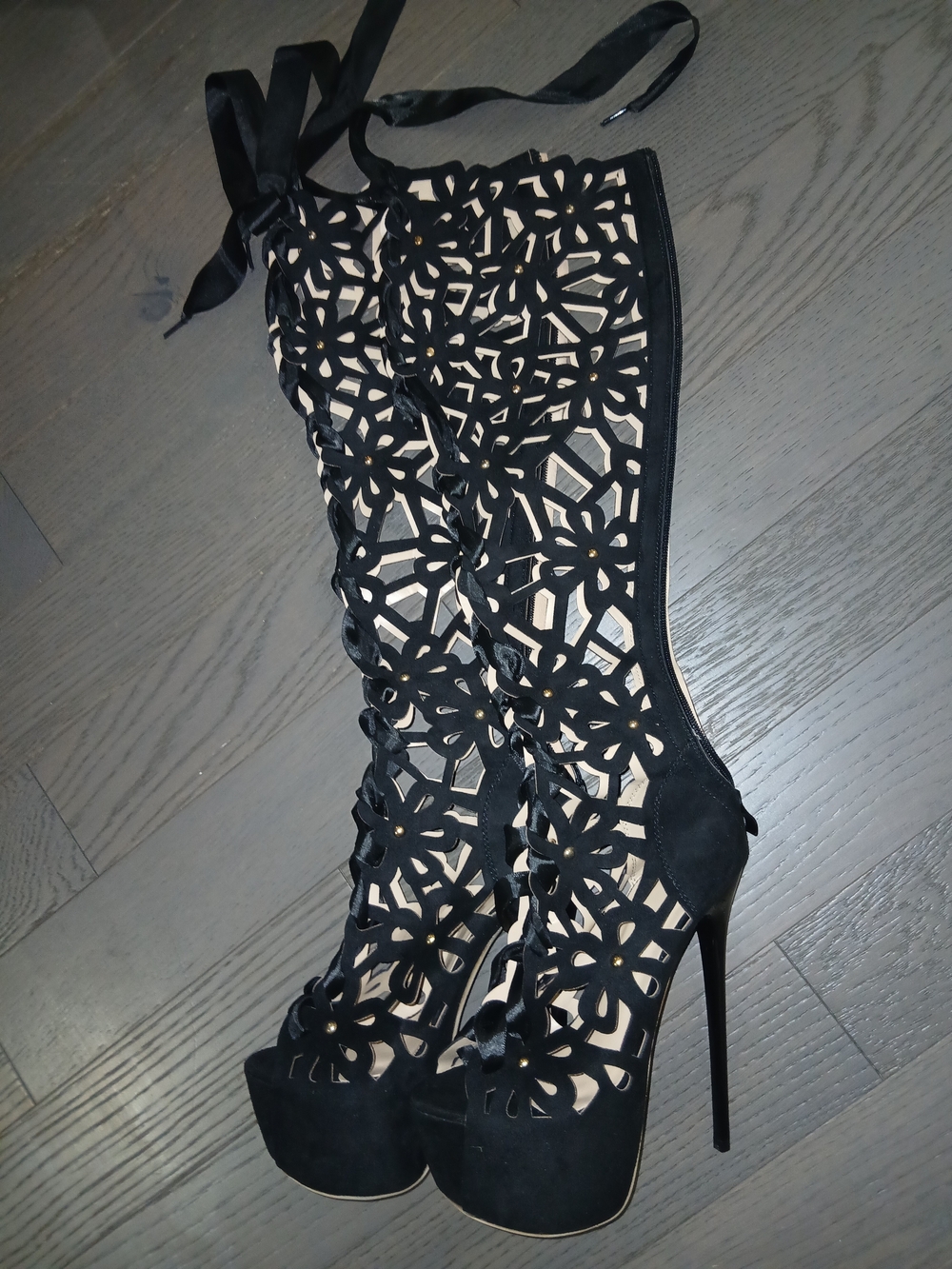 Black Cutout Lace-Up Platform Knee-High Heels